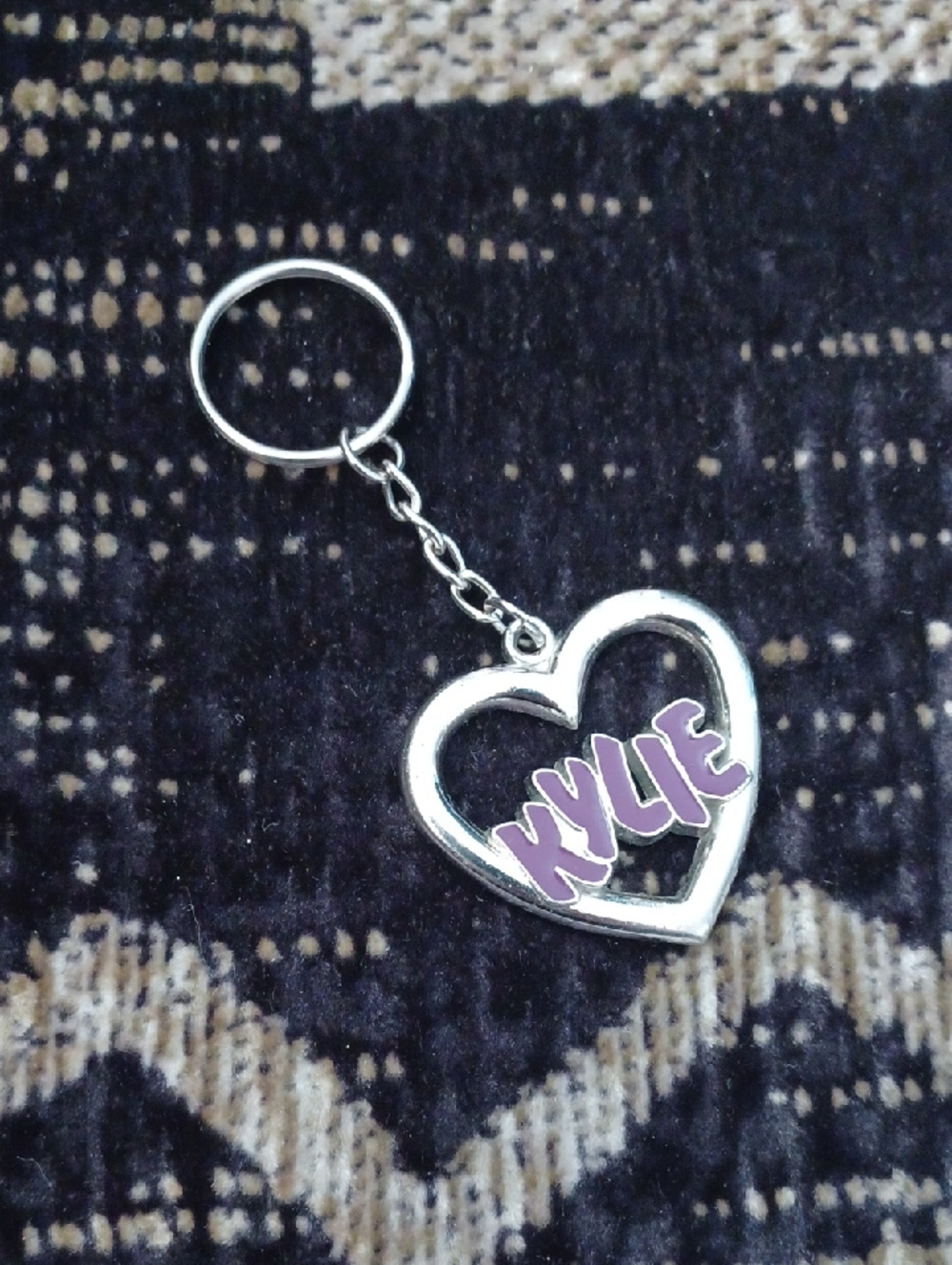4/$40 "KYLIE" Heart Keychain - Silver with Purple Accent